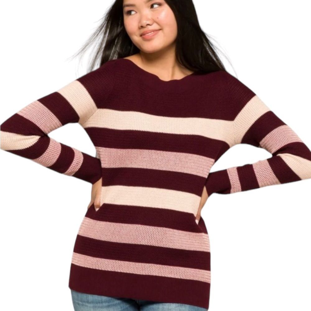 Market & Spruce Burgundy and Pink Striped Cotton Blend Waffle Stitch Sweater